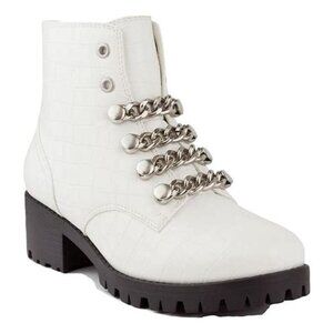 SUGAR Womens White Lug Sole Obvi Round Toe Zip-Up Combat Boots 7